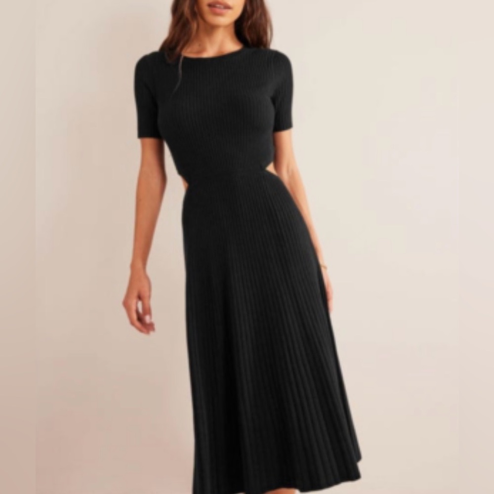 Boden Black Ribbed Midi Dress Short Sleeve Crew Neck Cut Out Waist Size 20